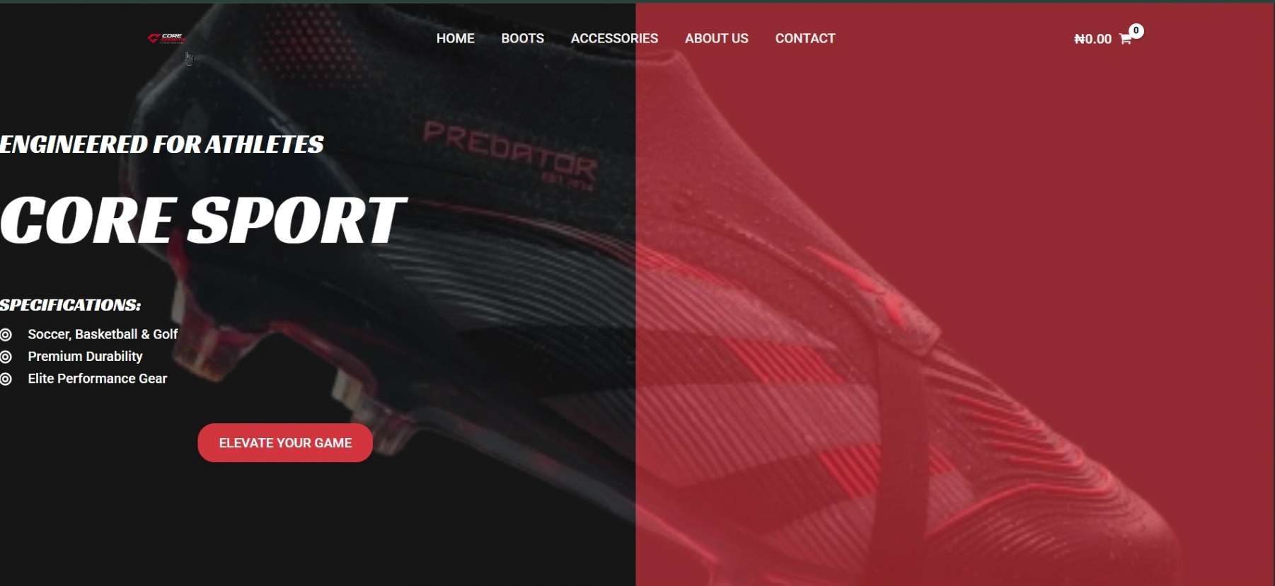 Homepage screenshot of the CoreSports Marketplace sports retail website concept