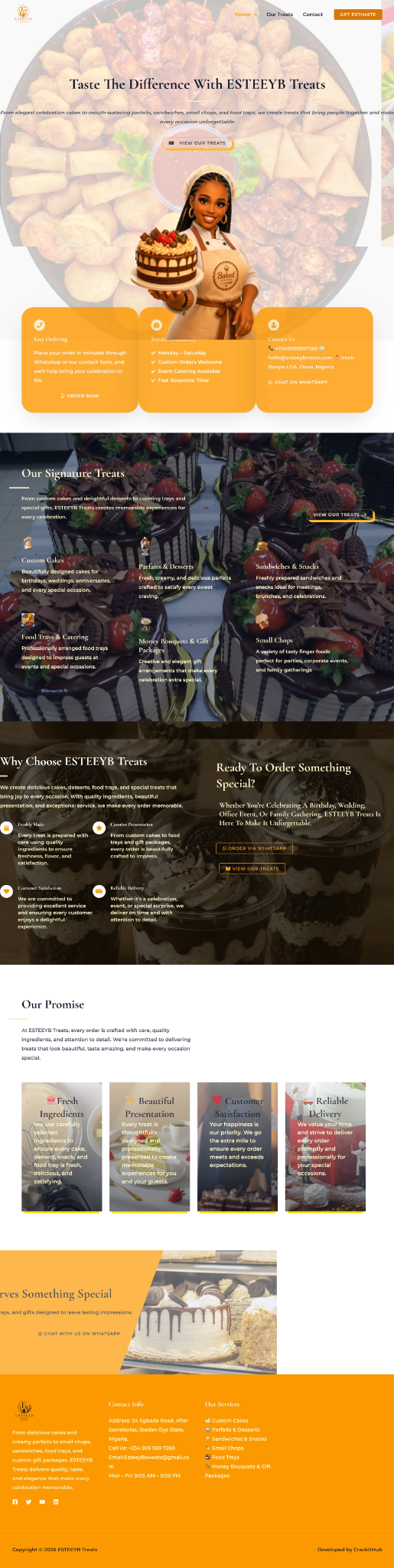 Full-page screenshot of the EsteeyB Treats website concept